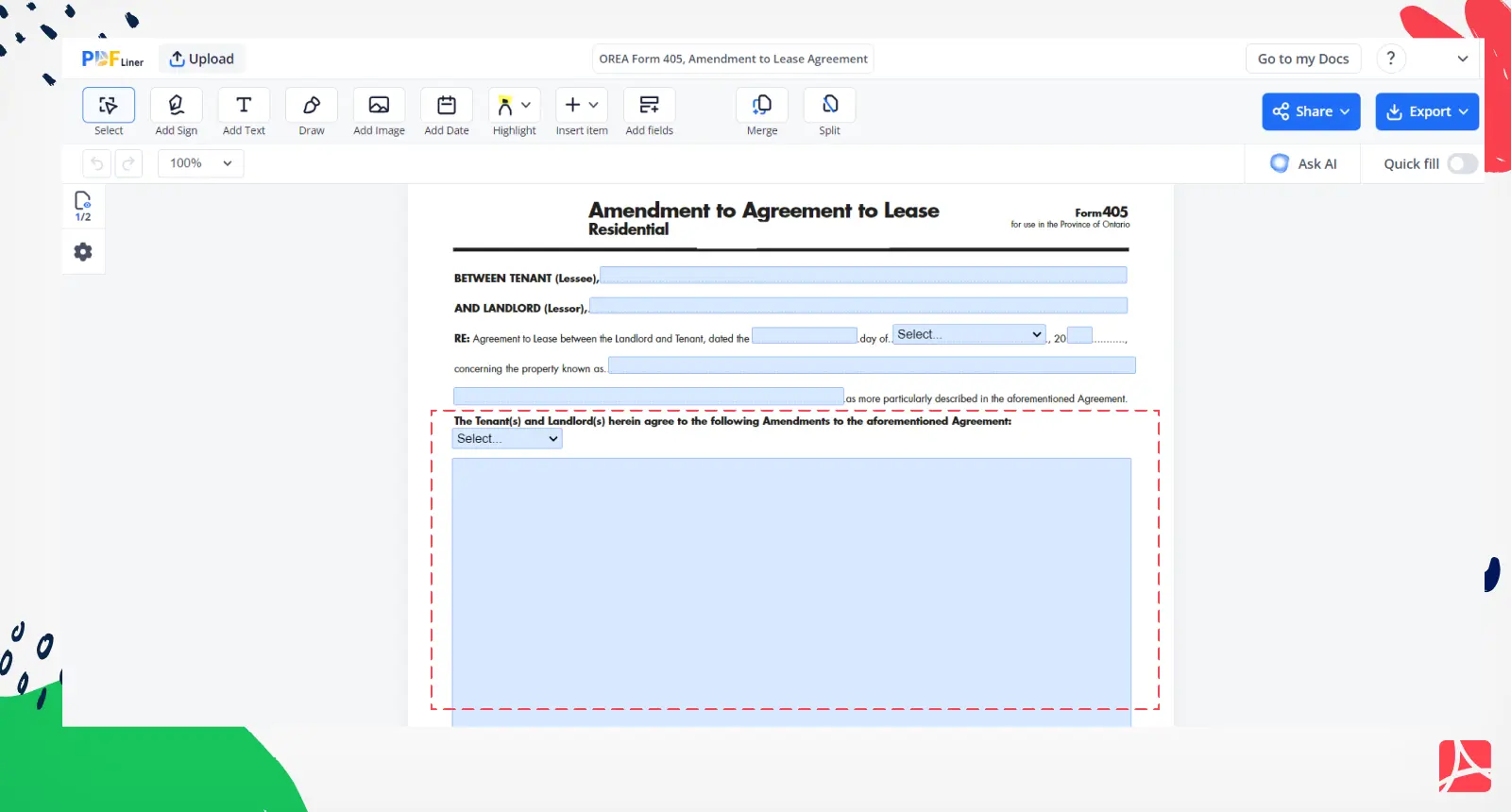Screenshot OREA Form 405 changes need to be made
