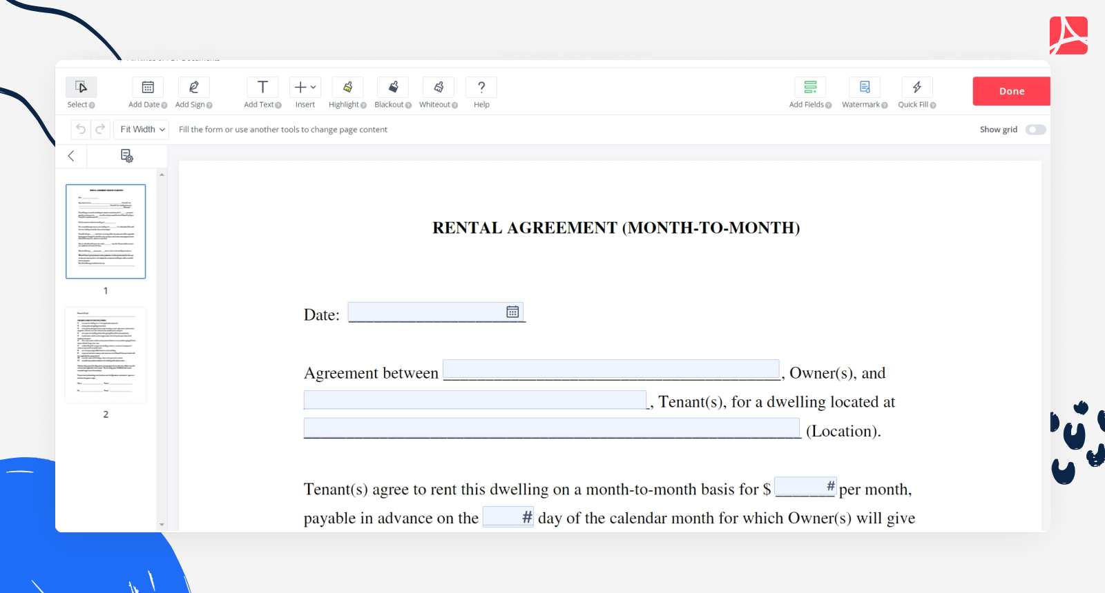 Fillable rental agreement screenshot